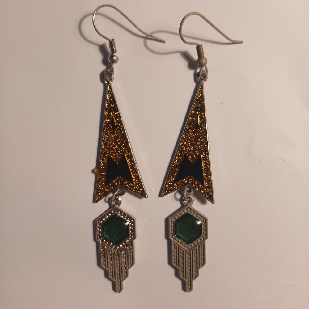 Geometric Gold and Green Dangle Earrings